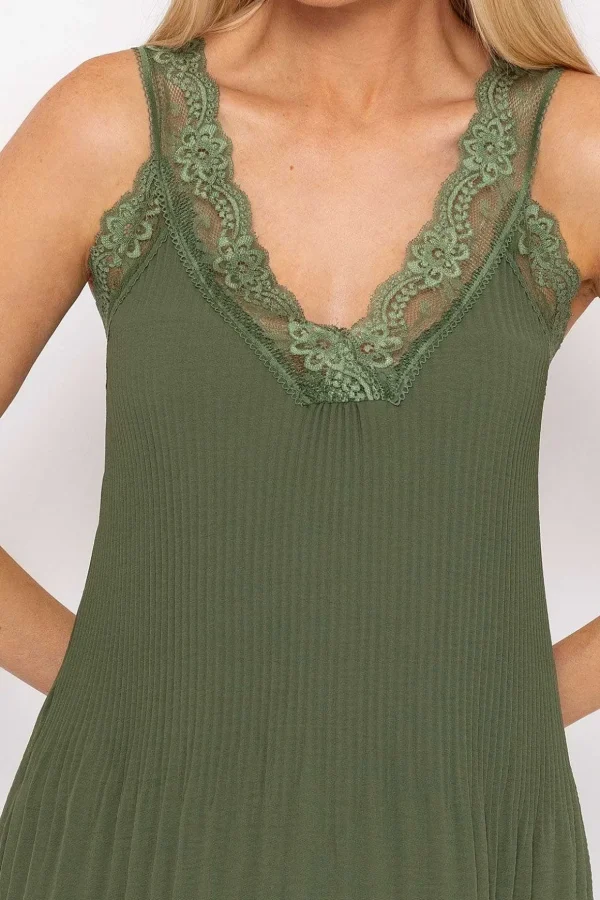 Lace Trim Pleated Cami In Khaki