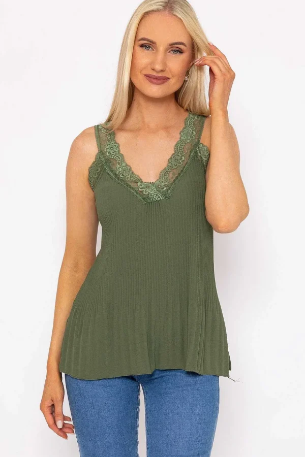 Lace Trim Pleated Cami In Khaki