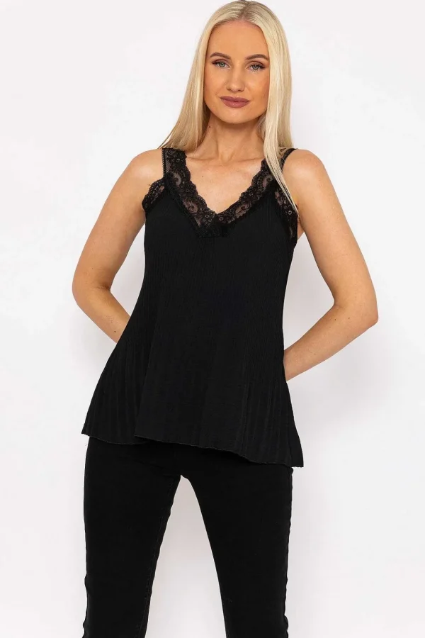 Lace Trim Pleated Cami In Black