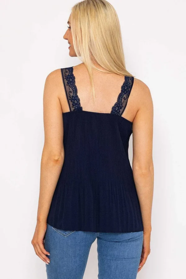 Lace Trim Pleated Cami In Navy