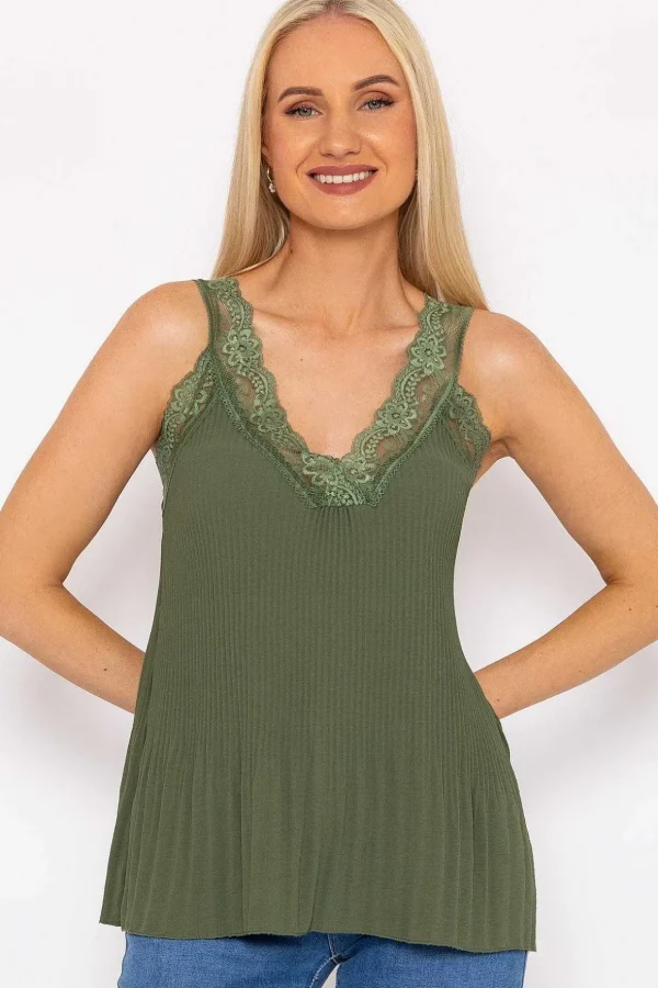 Lace Trim Pleated Cami In Khaki