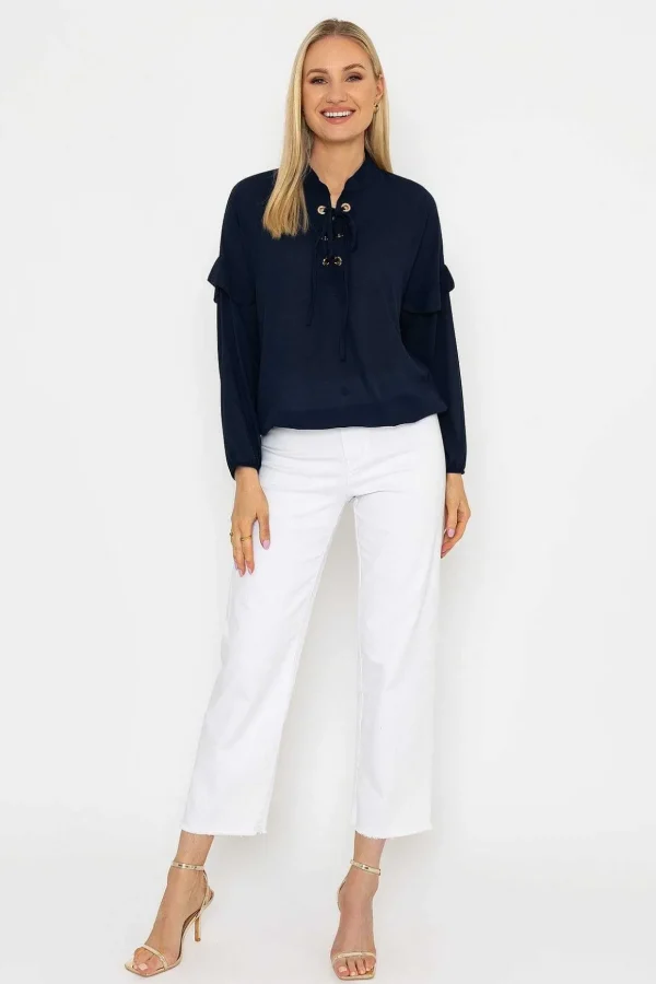 Lace Up Blouse In Navy