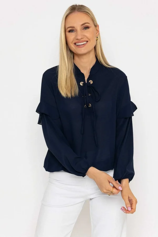 Lace Up Blouse In Navy