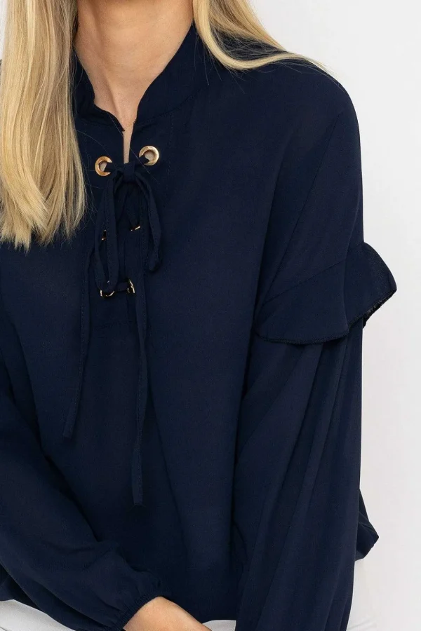Lace Up Blouse In Navy