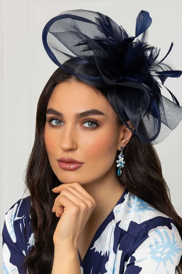 Large Navy Fascinator With Feather