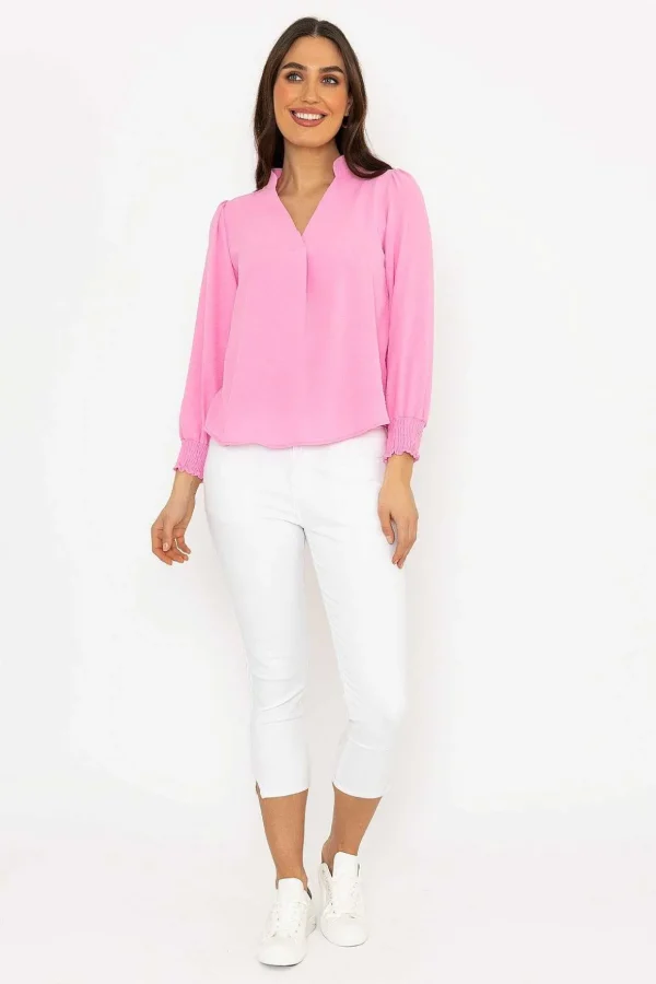 Long Sleeve Collarless Top In Pink