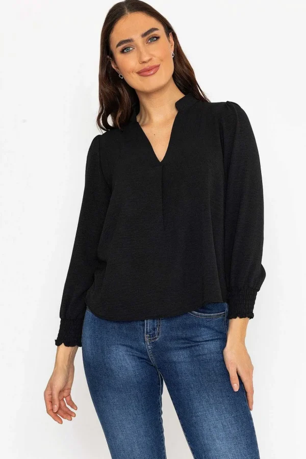 Long Sleeve Collarless Top In Black