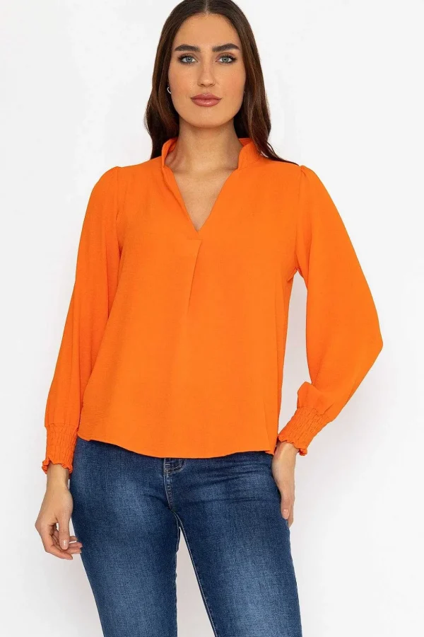 Long Sleeve Collarless Top In Orange