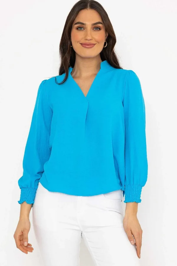 Long Sleeve Collarless Top In Blue