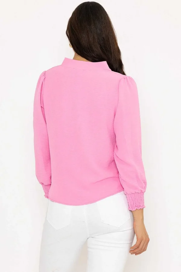Long Sleeve Collarless Top In Pink