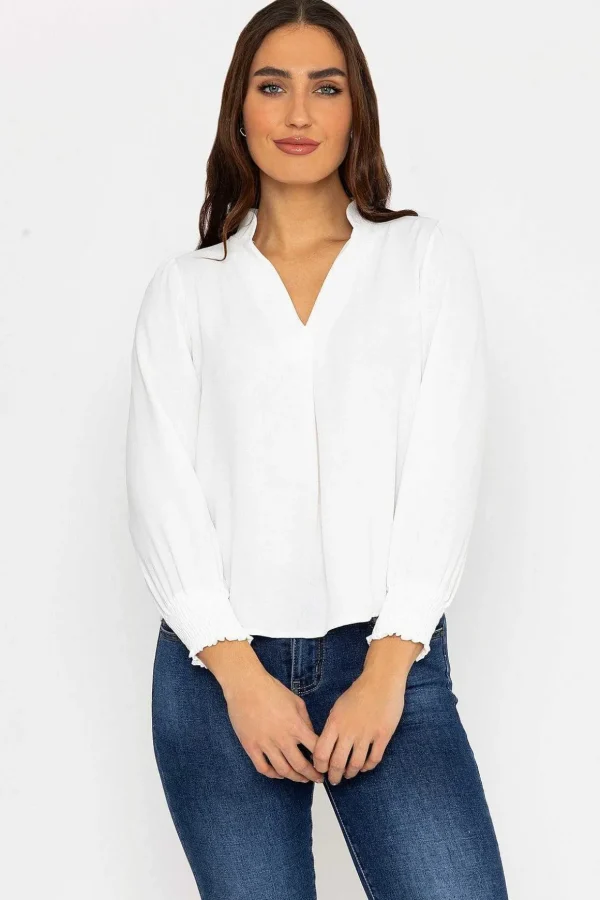 Long Sleeve Collarless Top In Ecru