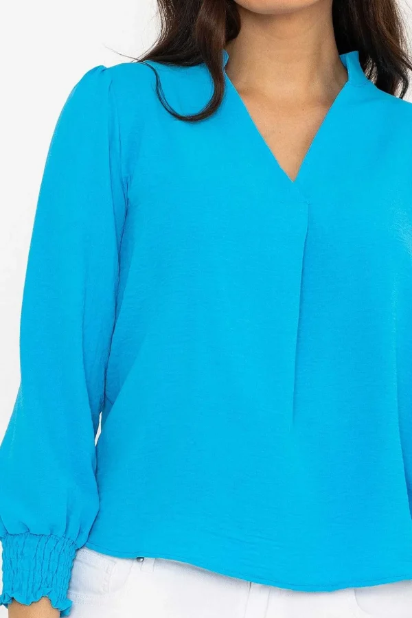 Long Sleeve Collarless Top In Blue