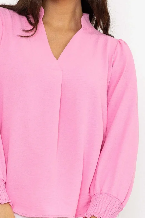 Long Sleeve Collarless Top In Pink