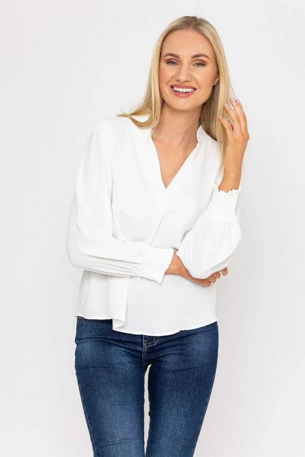 Long Sleeve Collarless Top In Ecru