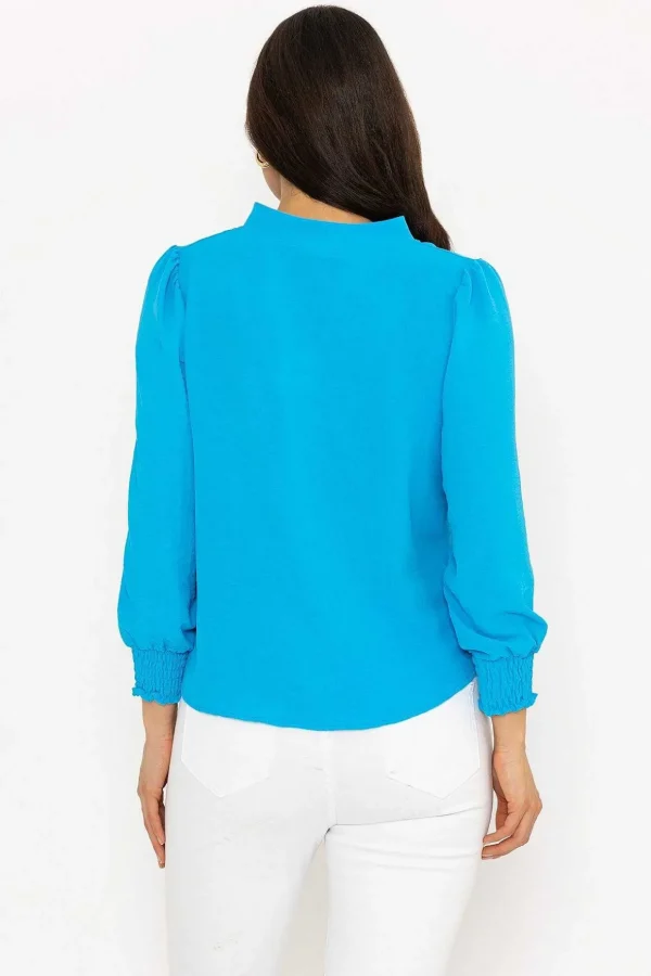 Long Sleeve Collarless Top In Blue