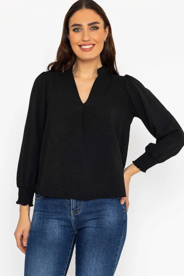 Long Sleeve Collarless Top In Black