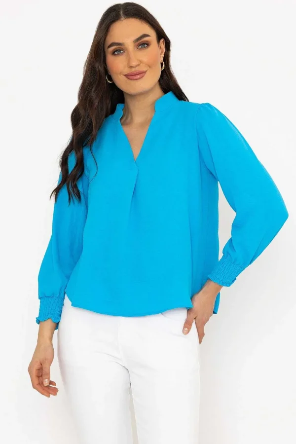 Long Sleeve Collarless Top In Blue