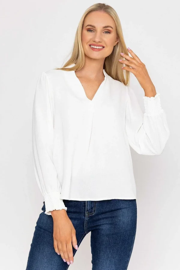 Long Sleeve Collarless Top In Ecru