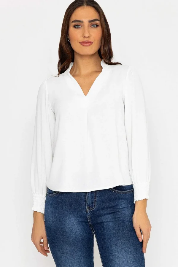 Long Sleeve Collarless Top In Ecru
