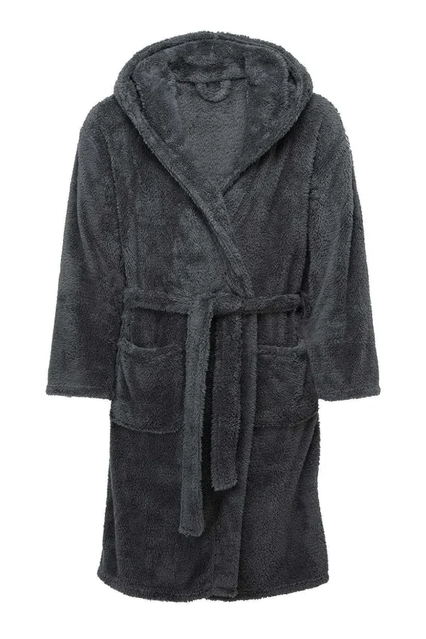 Mens Sherpa Hooded Fleece Robe In Charcoal