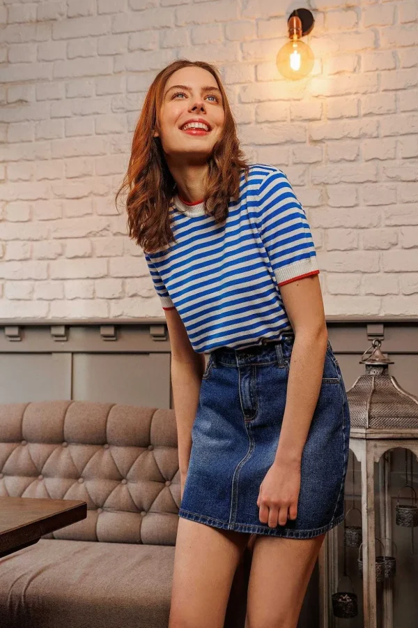 Merino Stripe Crew In Navy
