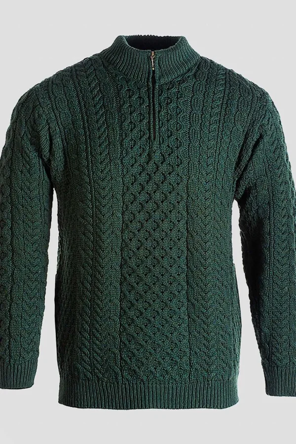 Merino Wool Sweater With Zip In Khaki