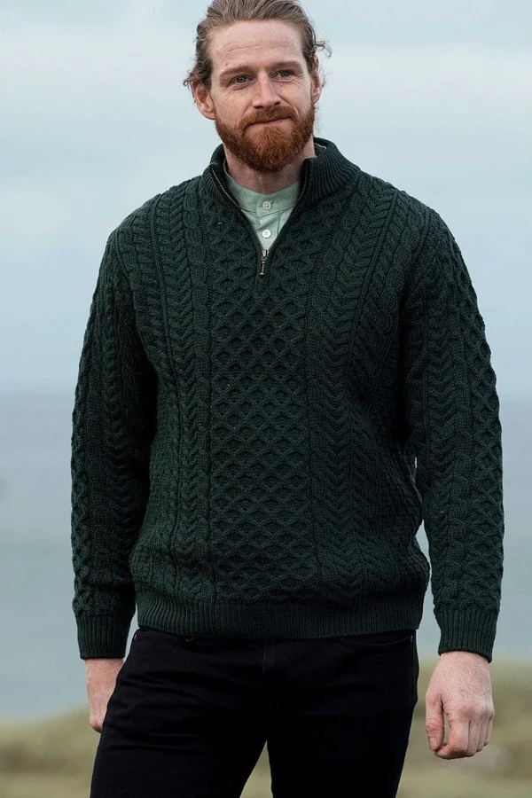 Merino Wool Sweater With Zip In Khaki