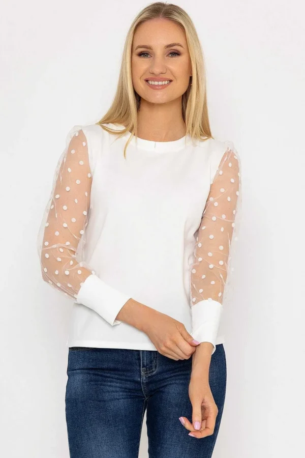 Mesh Long Sleeve Top In Ecru