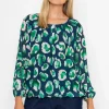 Navy And Green Printed Long Sleeve Blouse