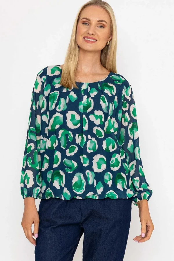 Navy And Green Printed Long Sleeve Blouse
