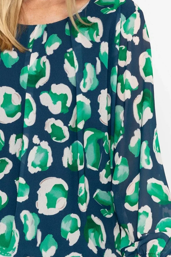 Navy And Green Printed Long Sleeve Blouse