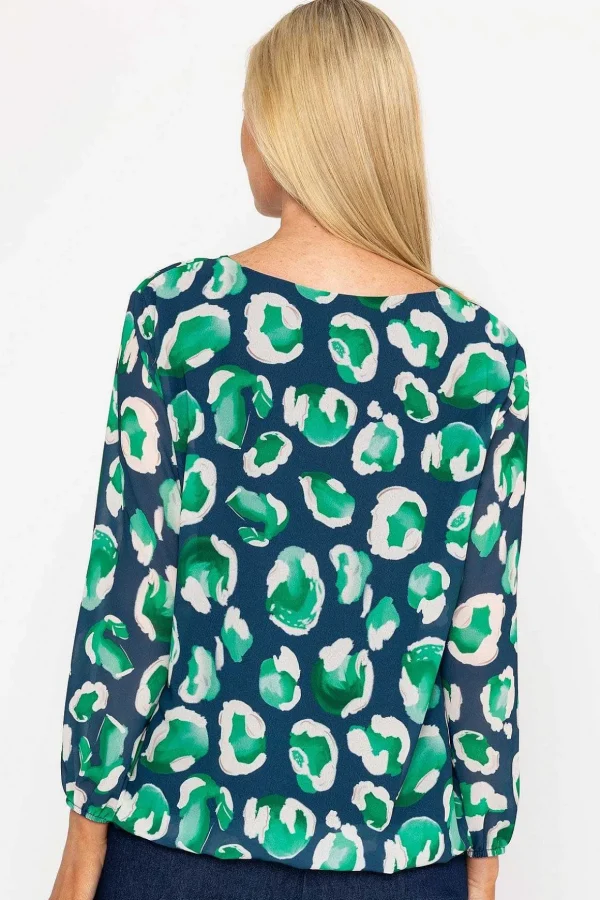 Navy And Green Printed Long Sleeve Blouse