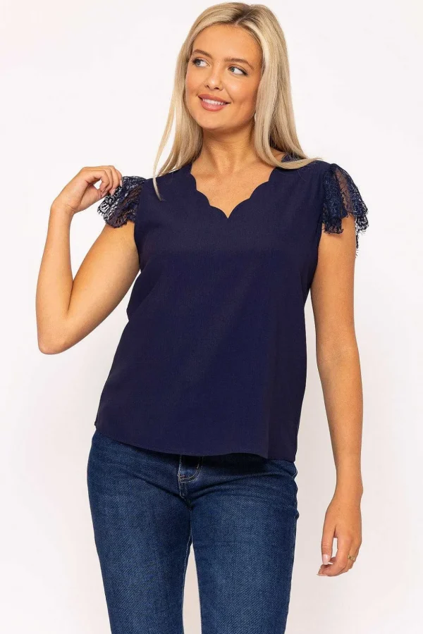 Navy Cap Sleeve Lace Top