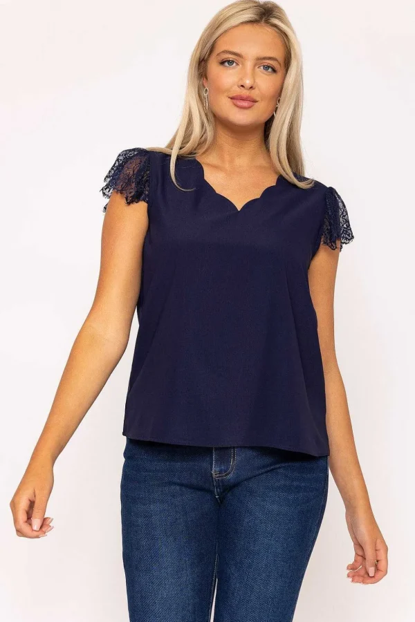 Navy Cap Sleeve Lace Top