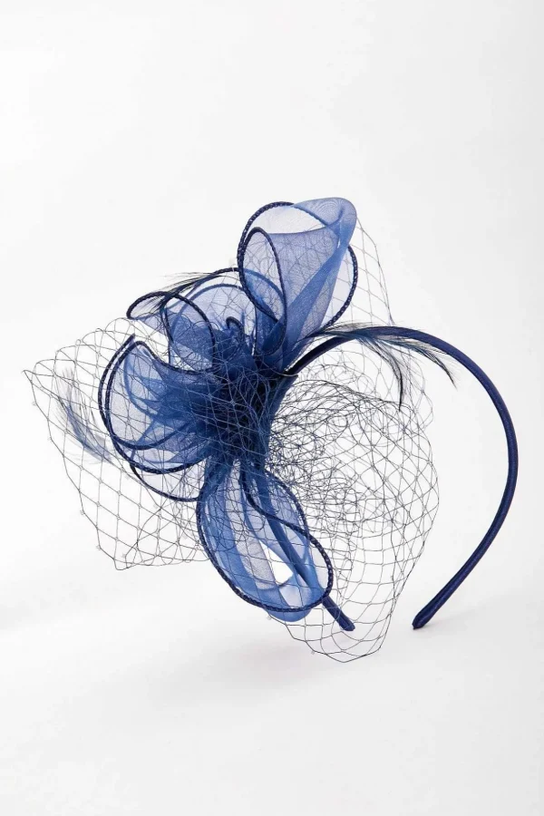 Navy Hairband Fascinator With Net & Feathers