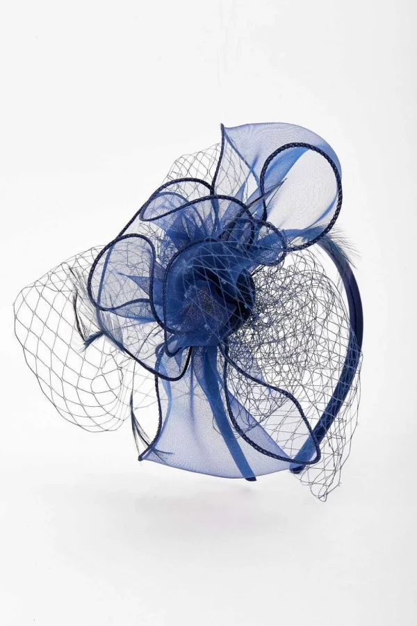Navy Hairband Fascinator With Net & Feathers