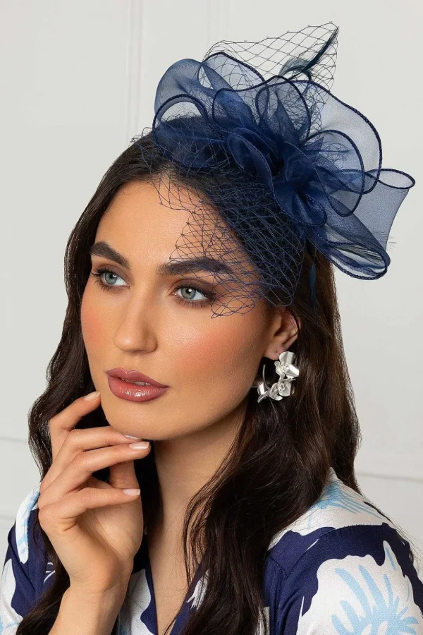 Navy Hairband Fascinator With Net & Feathers