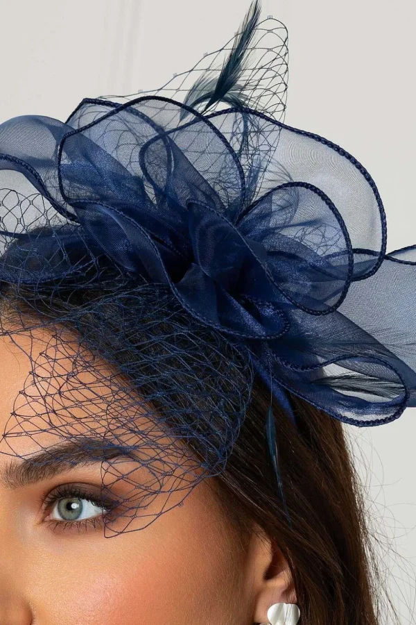 Navy Hairband Fascinator With Net & Feathers