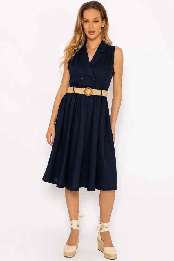 Navy Linen Sleeveless Shirt Dress