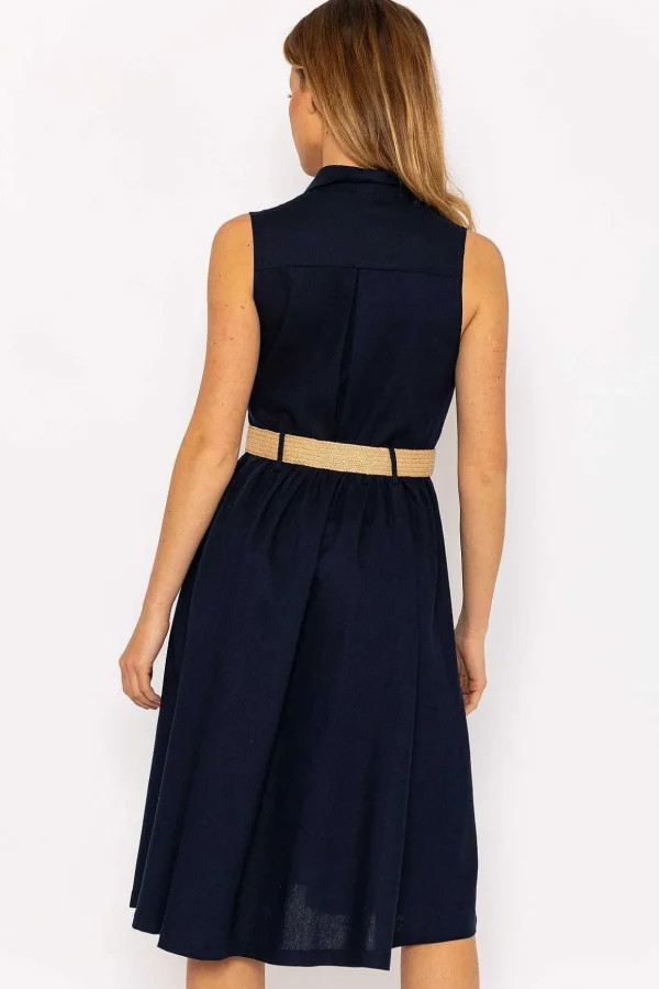 Navy Linen Sleeveless Shirt Dress