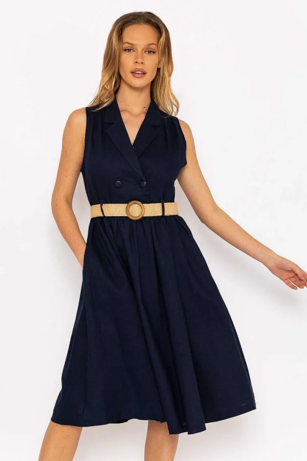 Navy Linen Sleeveless Shirt Dress