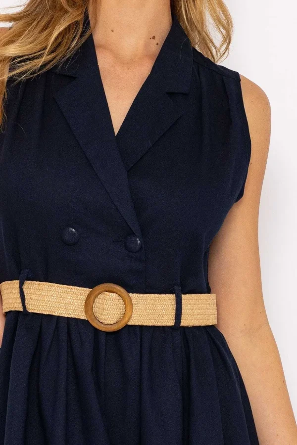 Navy Linen Sleeveless Shirt Dress