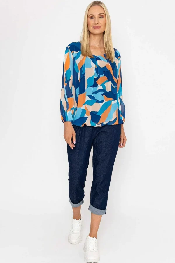 Navy Printed Long Sleeve Blouse