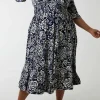Navy Printed Midi Dress