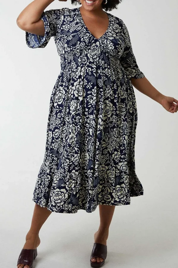Navy Printed Midi Dress