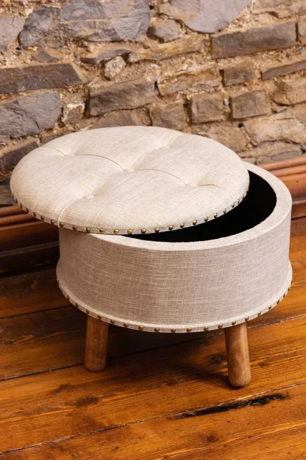 Oatmeal Fabric Upholstered Storage Stool