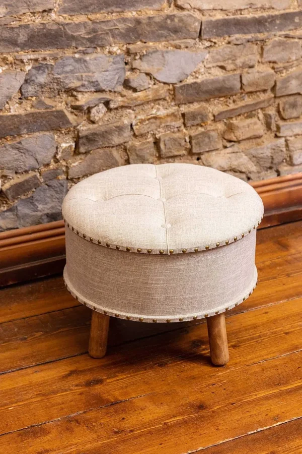 Oatmeal Fabric Upholstered Storage Stool