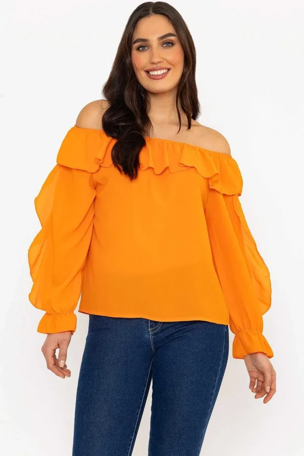 Orange Bardot Frill Top