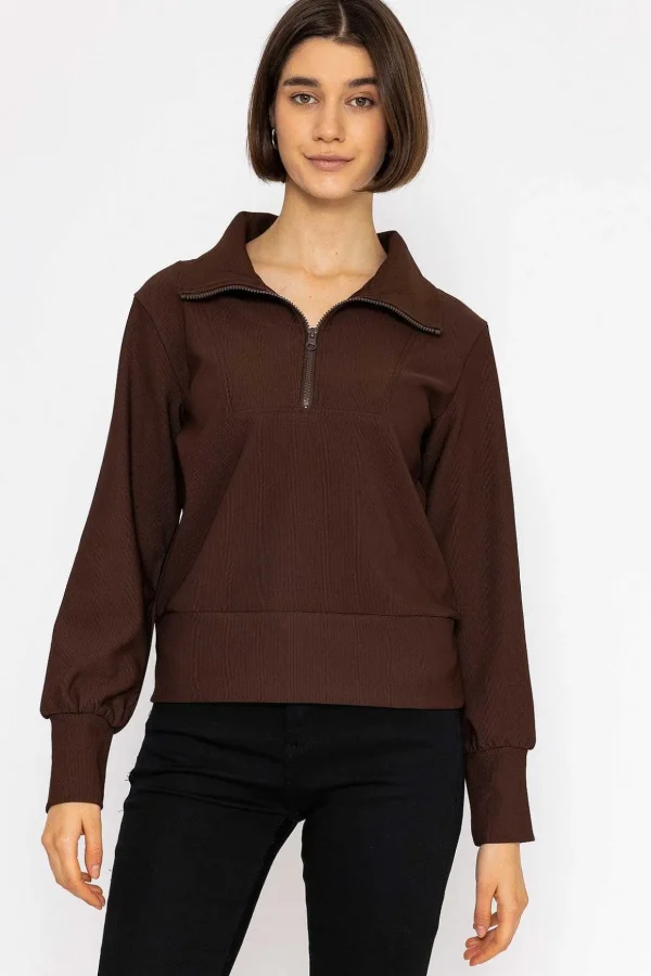 Oversized Zip Sweat Top In Coffee