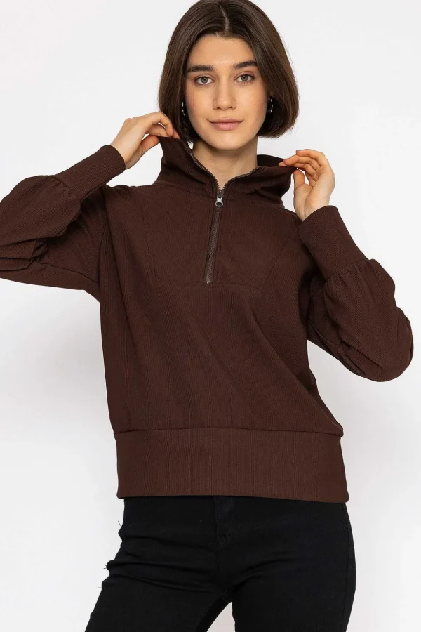 Oversized Zip Sweat Top In Coffee